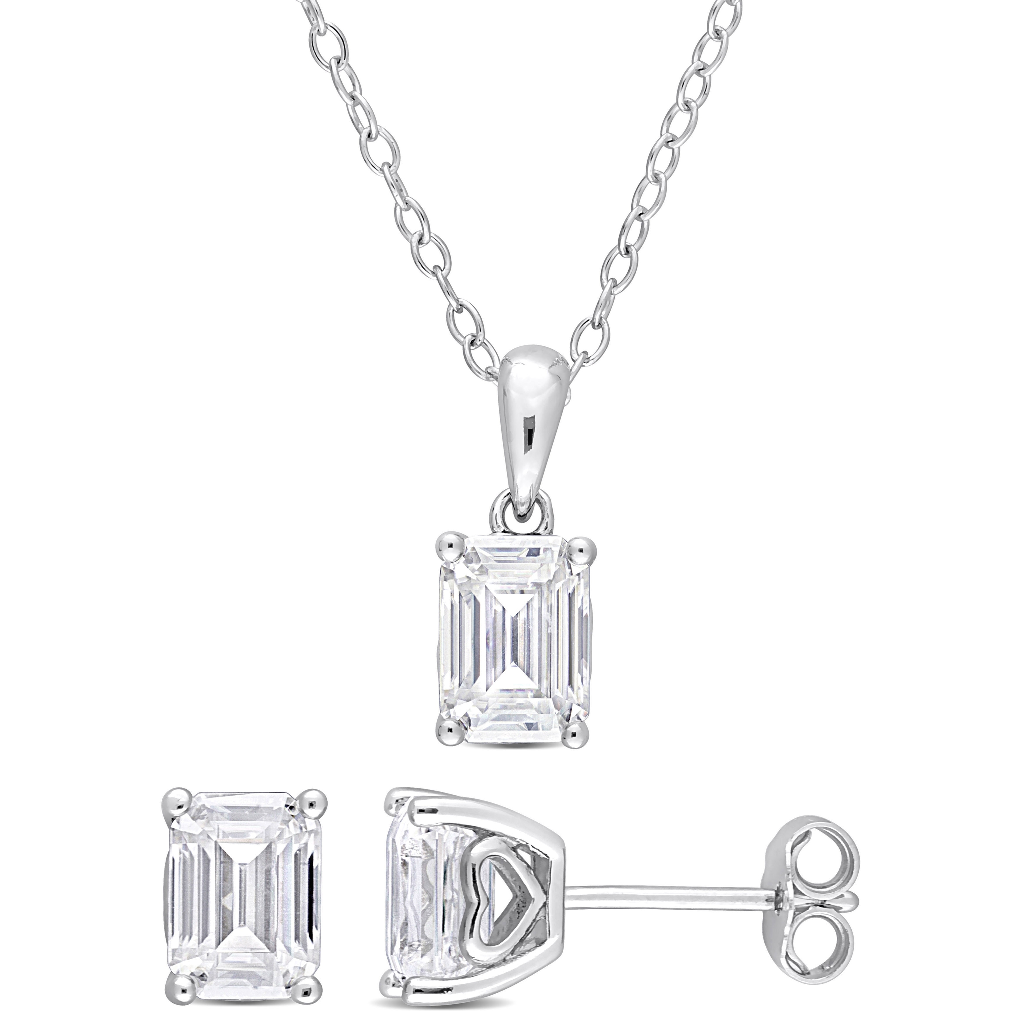 Miadora 3ct DEW Emerald-Cut and Octagon Created Moissanite Necklace and Earrings Set Sterling Silver