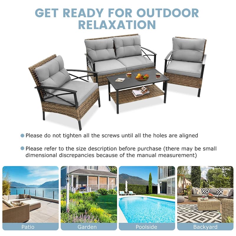 4-Piece Outdoor Patio Rattan Furniture Set, Thick Cushions&Side Table - 1 Table+2 Single chairs+1 Loveseat