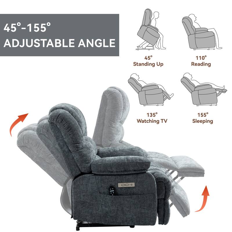 Roomfitters Oversized Power Lift Recliner Chair, Electric Massage Sofa with Heat, Large Chenille Stand Up Armchair, Blue Grey