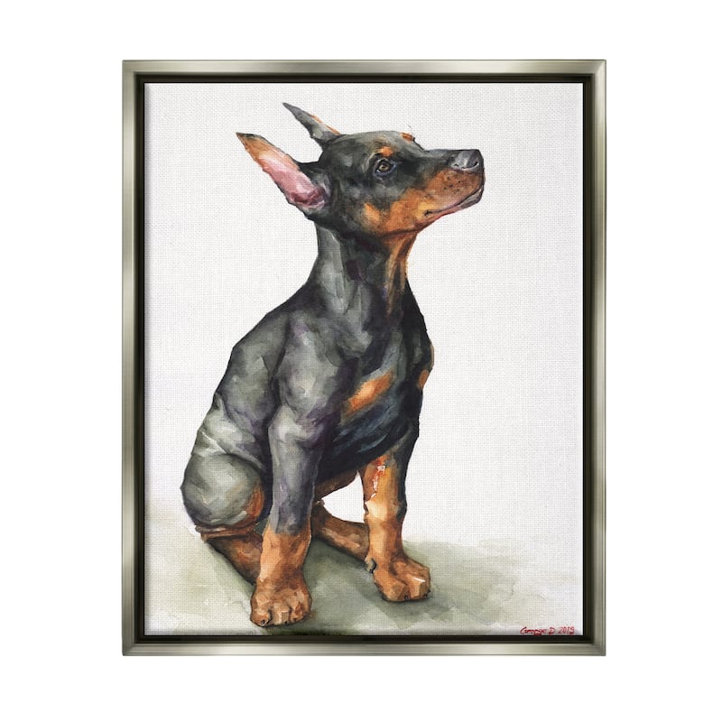 Stupell Doberman Puppy Dog Pet Animal Watercolor Painting Floater Frame - Black - 16 x 20 - Grey