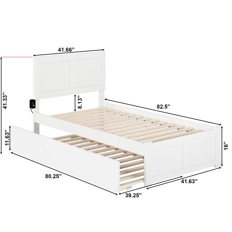 Mediterranean Twin XL Platform Bed with Trundle & USB - White Wood Bed Frame - 600lb Capacity