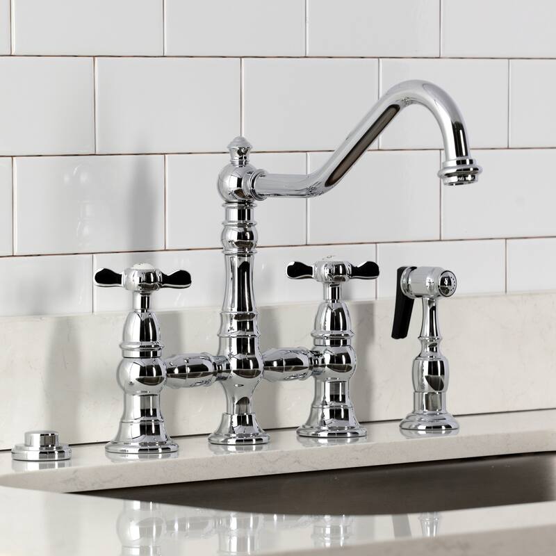 Kingston Brass Essex Two-Handle 4-Hole Deck Mount Bridge Kitchen Faucet with Brass Side Sprayer