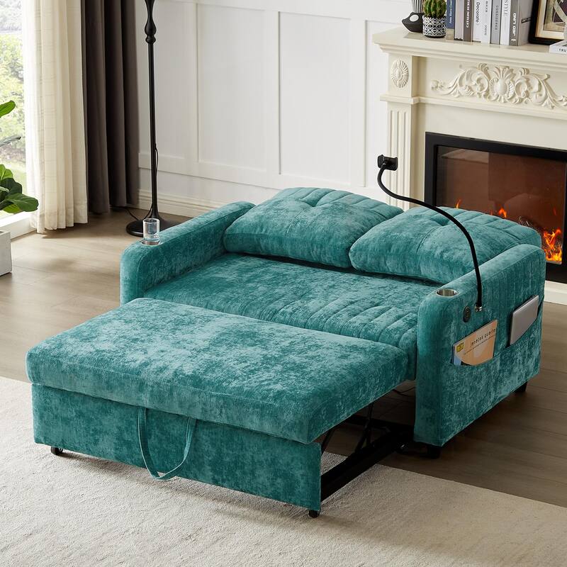 Chenille Loveseat Convertible Pull-out Sleeper Sofa Bed, Tufted Couch w2 Cup Holders Phone Holder & 3 USB Ports, Pockets