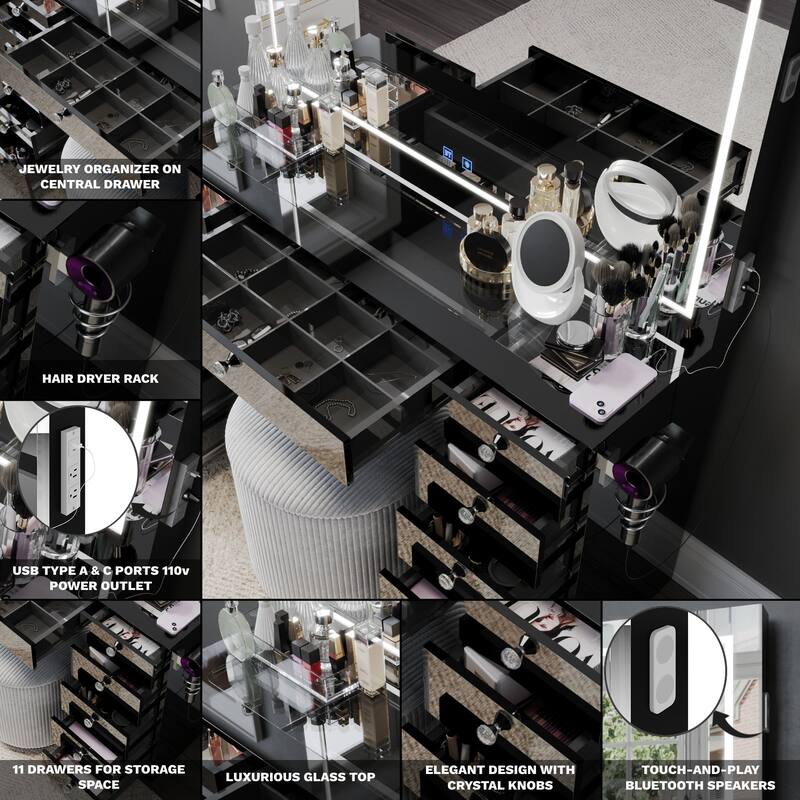 Boahaus Smart Vanity Desk with LED Mirror & Bluetooth Speakers