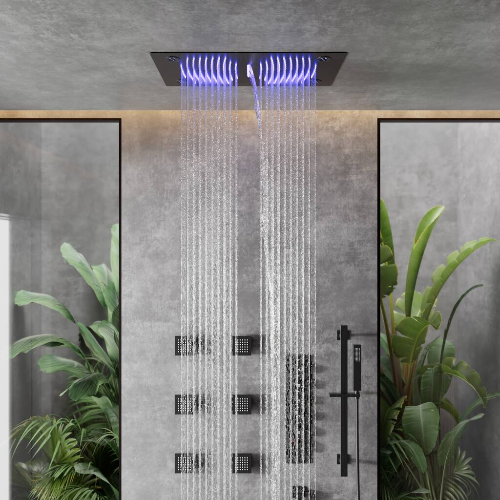 LUXURY Shower Faucet Set 28"*16" Ceiling Mount Shower Head Body Jets Handheld Spray with Slide Bar LED Music