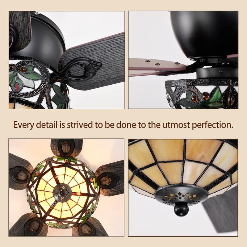 Peacoo 52-Inch Flushmount Lighted Ceiling Fan Ivory Leaf Berry Tiffany Glass Lamp Black Finish