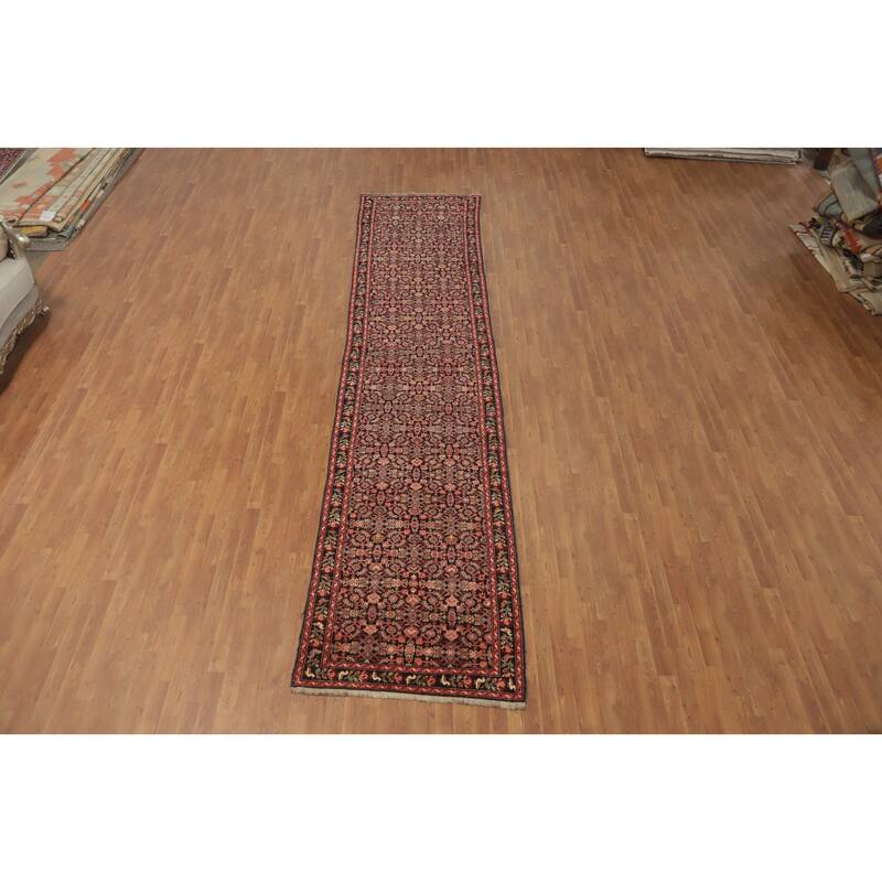 Hand Knotted Oriental 100% Wool Carpet Traditional Geometric Black Karabagh Runner Rug - 16' 3'' X 3' 7''