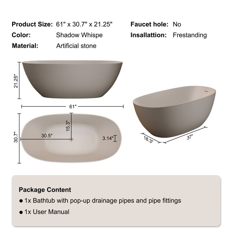 Luxury Solid Surface Freestanding Soaking Bathtub with Center Drain and Pop-up Drain, Modern Beige Tub with Overflow