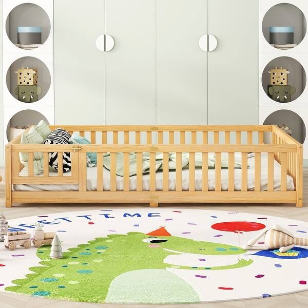 slide 2 of 26, Queen Floor Bed with Guardrails & Door
