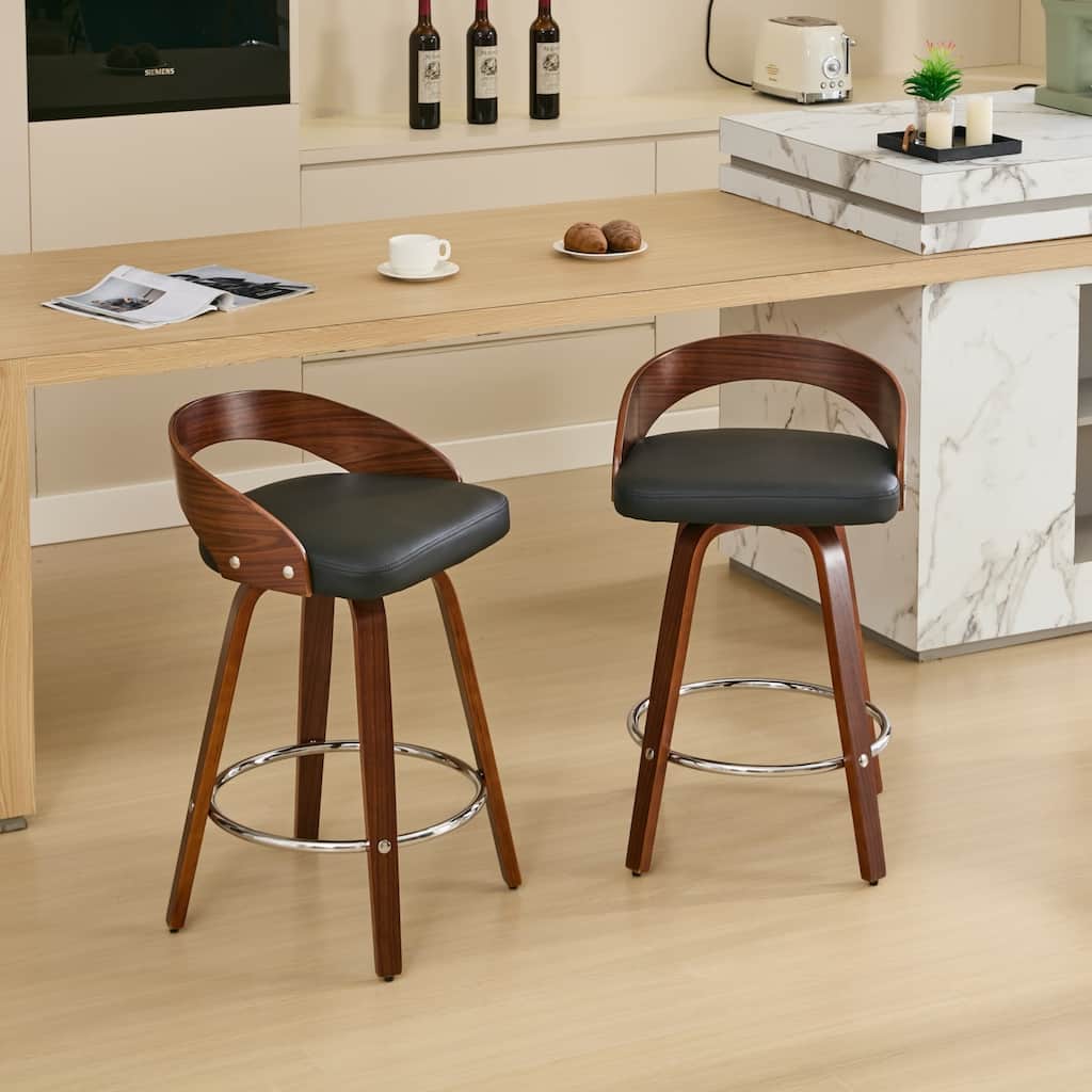 Low Back Swivel Barstools Set of 2, 25" Seat Height Upholstered Bar Chairs with Footrest, Walnut Wood Frame Bar Stools, Black PU