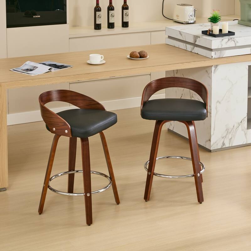 Roomfitters Mid-Century Swivel Bar Stools Set of 2, PU Leather Upholstered Counter Chairs with Walnut Wood Frame