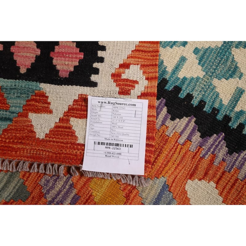 Geometric Kilim Oriental Area Rug Flatweave Orange Wool Carpet - 8'0" x 11'5"