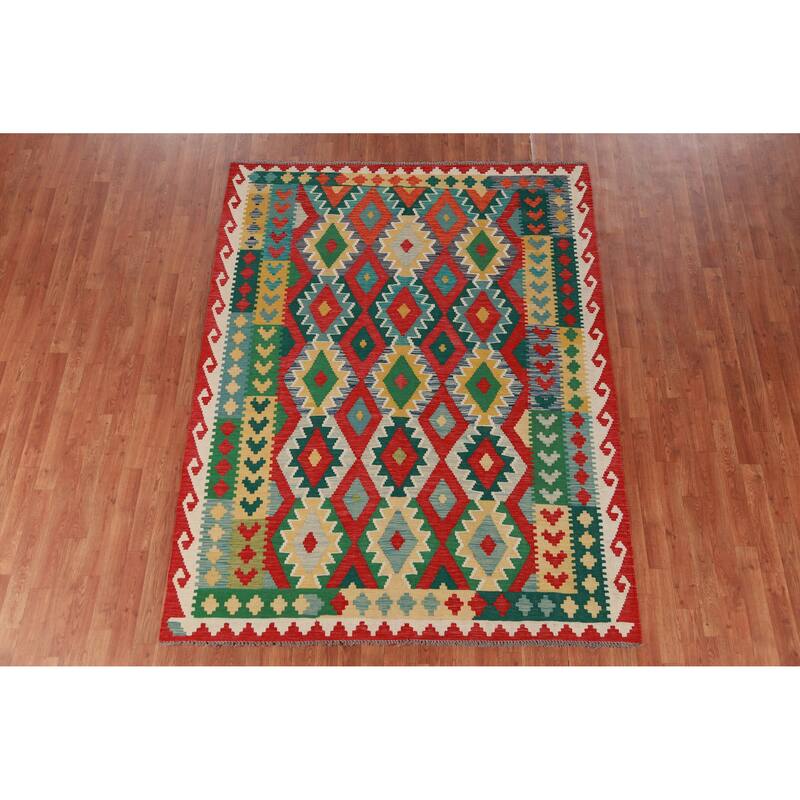 Hand Woven Oriental 100% Wool Carpet Southwestern All-Over Multi-Colored Kilim Area Rug - 7' 9'' X 5' 10''