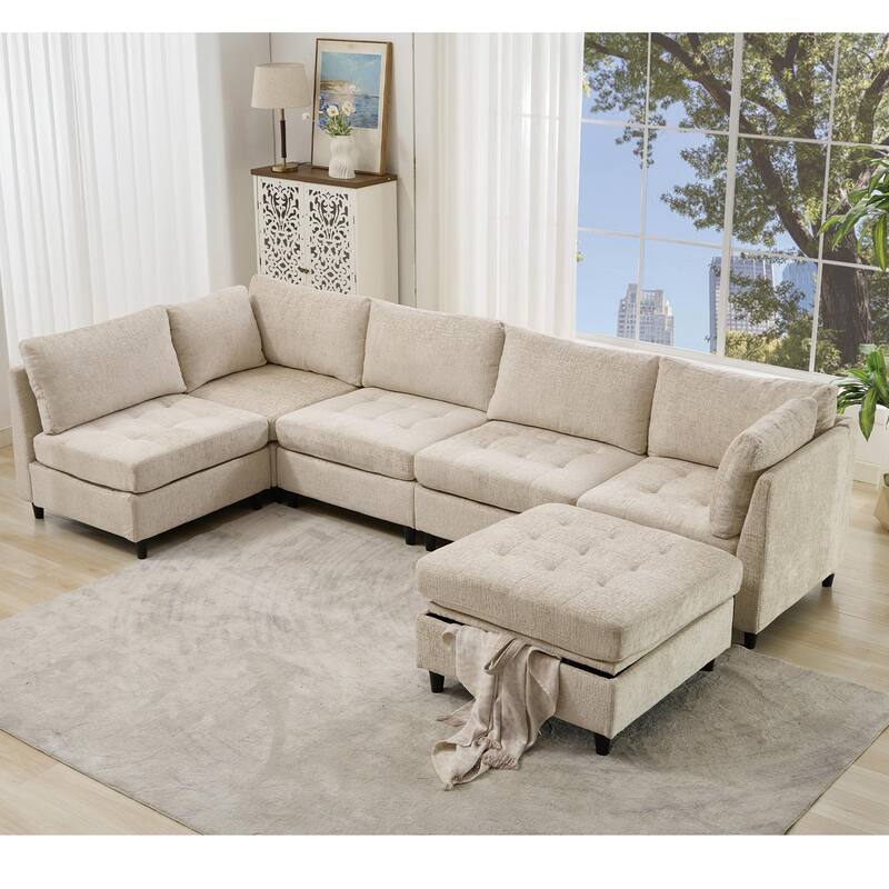 128" Chenille U-Shaped Modular Sectional Sofa with Ottoman - Beige