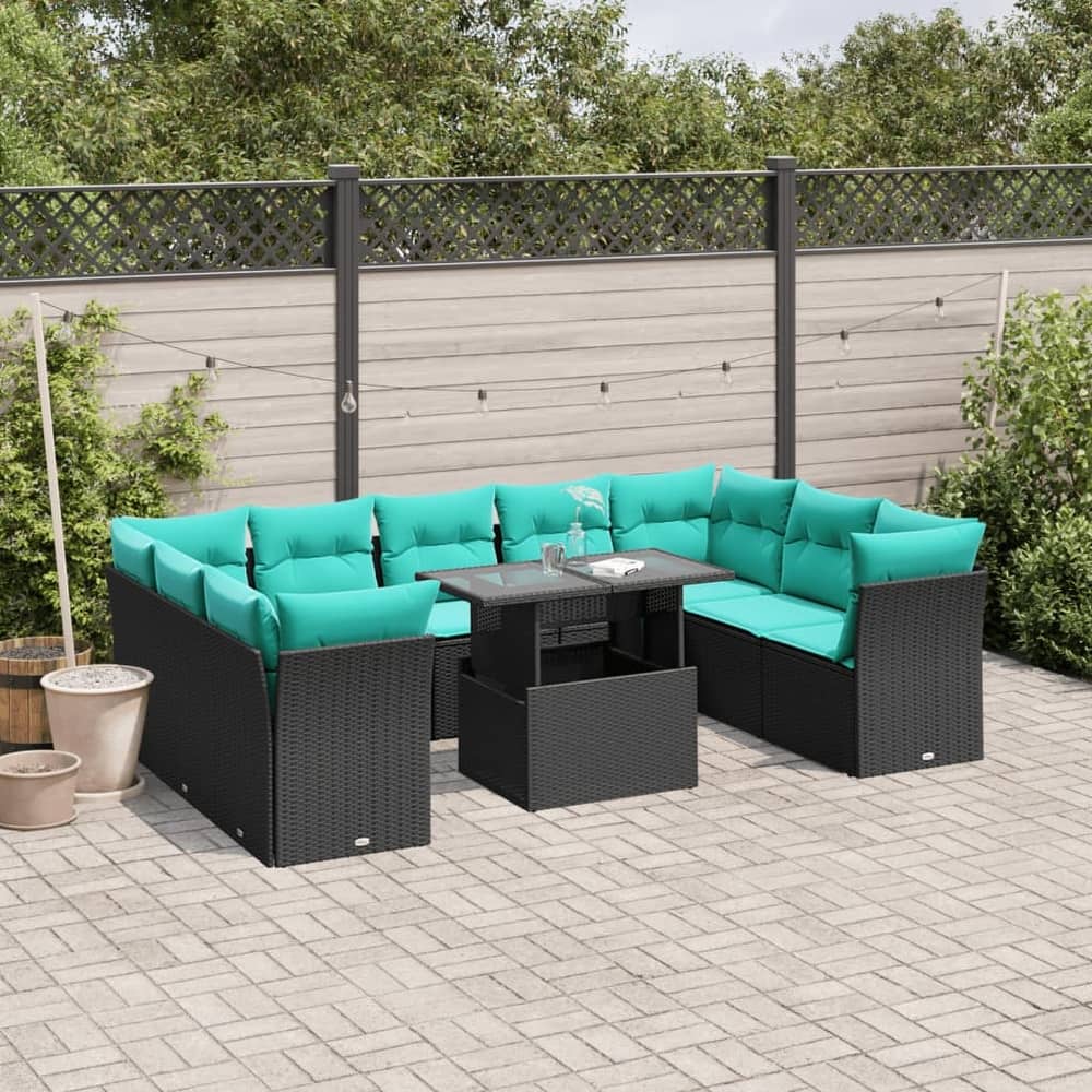 vidaXL 10 Piece Patio Sofa Set with Cushions Black/Brown/Gray Poly Rattan
