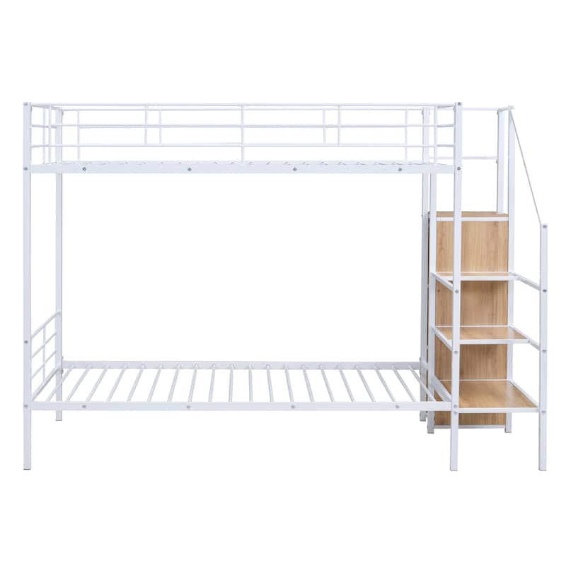 Twin Over Twin Metal Bunk Bed with Lateral Storage Ladder and Wardrobe