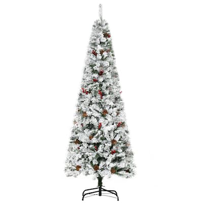 6FT Slim Snow Flocked Christmas Tree, Artificial Pencil Tree with 600 Branches, Pine Cones & Red Berries