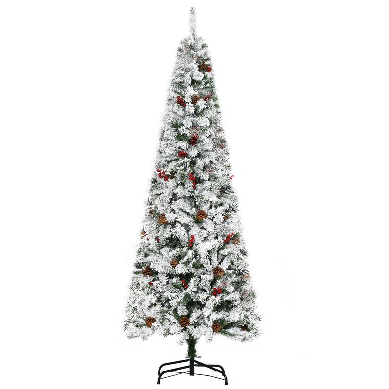Artificial Snow Flocked Christmas Tree - 6ft/7.5ft Pencil Tree with Pinecones and Red Berries - 6 Foot - Green