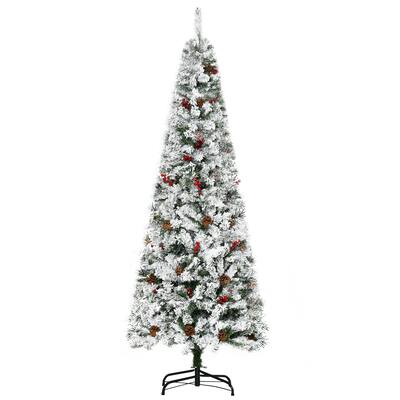 Artificial Snow Flocked Christmas Tree - 6ft/7.5ft Pencil Tree with Pinecones and Red Berries