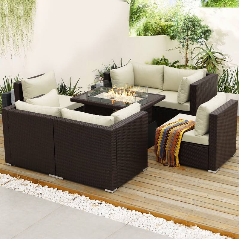 FINCATI Outdoor Wicker Patio Furniture Conversation Sectional Sofa Set - 7 PCS-C - Beige