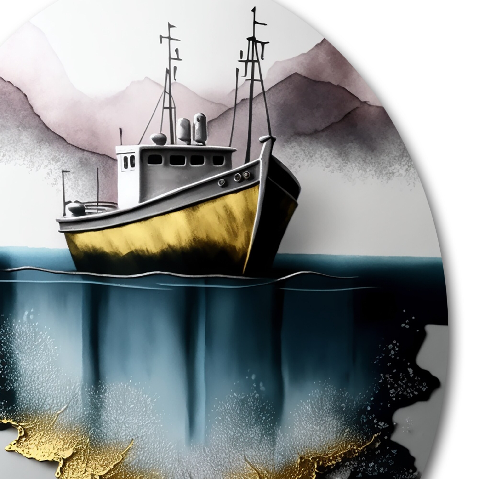 Designart Gold Modern Fishing Boat I Coastal Boat Metal Round Wall Art