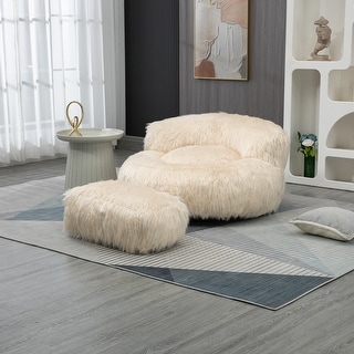 Plush Upholstered Round Comfort Lounger Bean Bag Chair with Ottoman ...