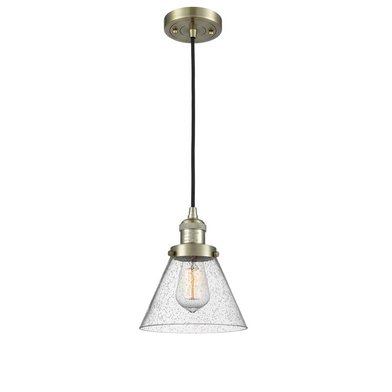 Innovations Lighting Franklin Restoration Cone - 1 Light 8" Cord Hung Mini Pendant - Antique Brass/Seedy