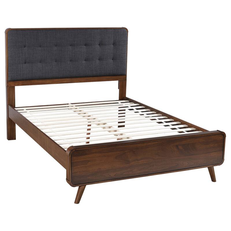 Dark Grey Queen Bed with Tufted Upholstered Headboard, Walnut Finish, and Retro Design