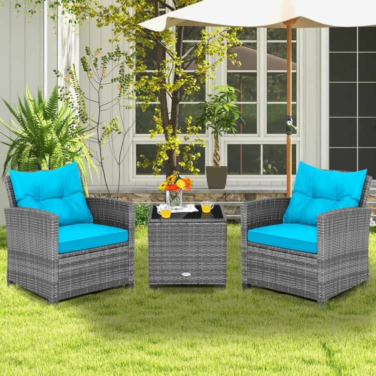 3-Piece Outdoor Wicker Patio Furniture Set with Tempered Glass Coffee Table - 26.5" x 26.5" x 30" (L x W x H)