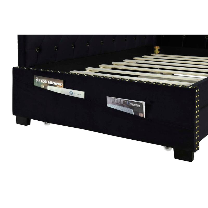 Modern Twin Daybed with Trundle, Velvet Upholstery, Gold Iron Accent, and Wooden Frame, No Box Spring Needed