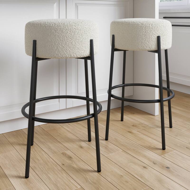 Isaac Modern Backless Metal Round Bar Stool with Boucle Padded Seat and Metal Base - Set of 2 - White - Bar Height