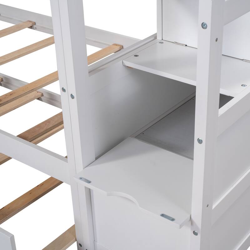 Twin-Over-Twin Bunk Bed with Trundle and Storage Stairs, White