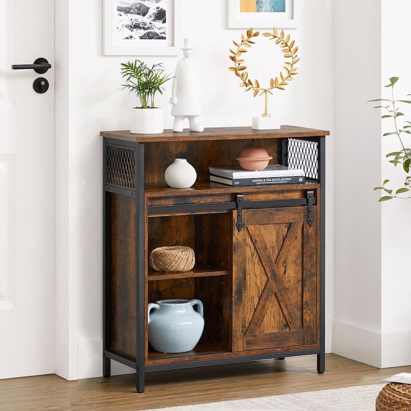 Wood Buffet Cabinet with Open Compartment, Sliding Barn Door Storage - 11.8”D x 27.6”W x 31.5”H