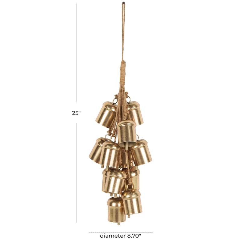 Metal Cascading Cluster Decorative Bells with Jute Hanging Rope - Gold - Roche River Decor