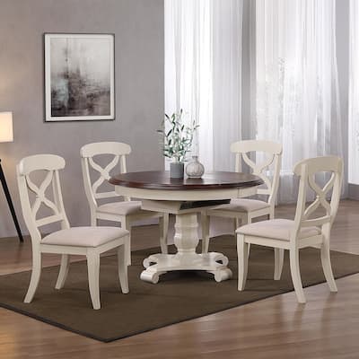 Extendable Dining Set - 5 Piece Round/Oval Table & Chairs - Seats 6 - Antique White & Chestnut Brown