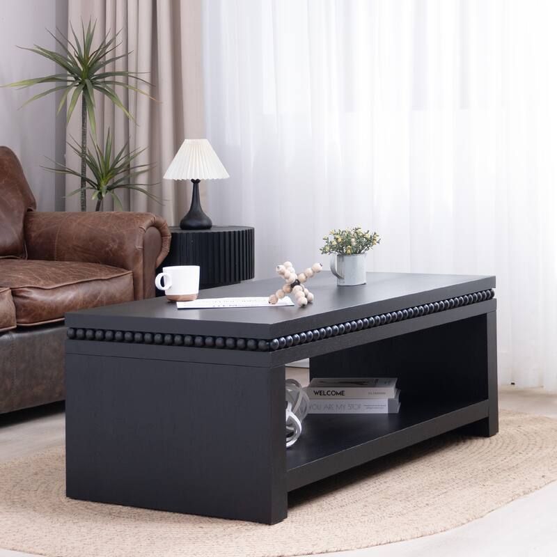 Modern Coffee Table End Table with Beaded Trim, Wood Accent Table Dining Table Centerpiece with Open Shelf Storage - Black
