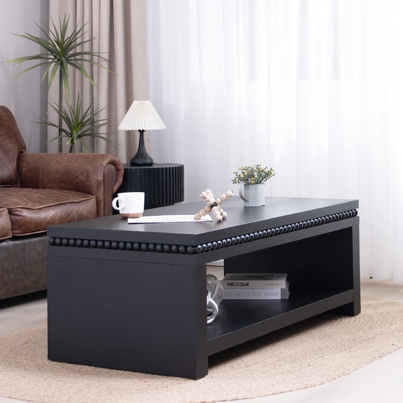 Rectangular Wood Coffee Table with Beaded Trim and Open Storage Shelf