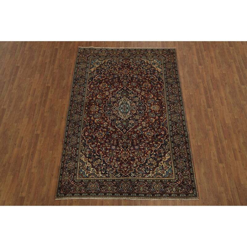 Hand Knotted Oriental 100% Wool Carpet Traditional Floral Red Kashan Area Rug - 9' 11'' X 6' 6''