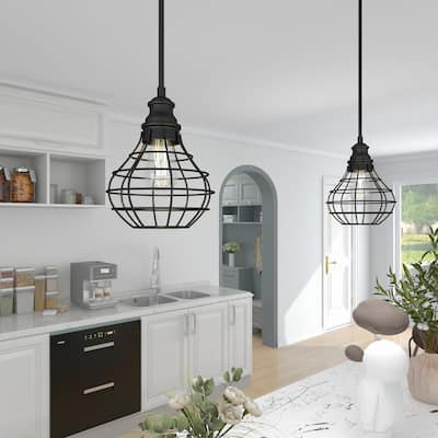 1-Light Matte Black Finish Cage Mini Pendant