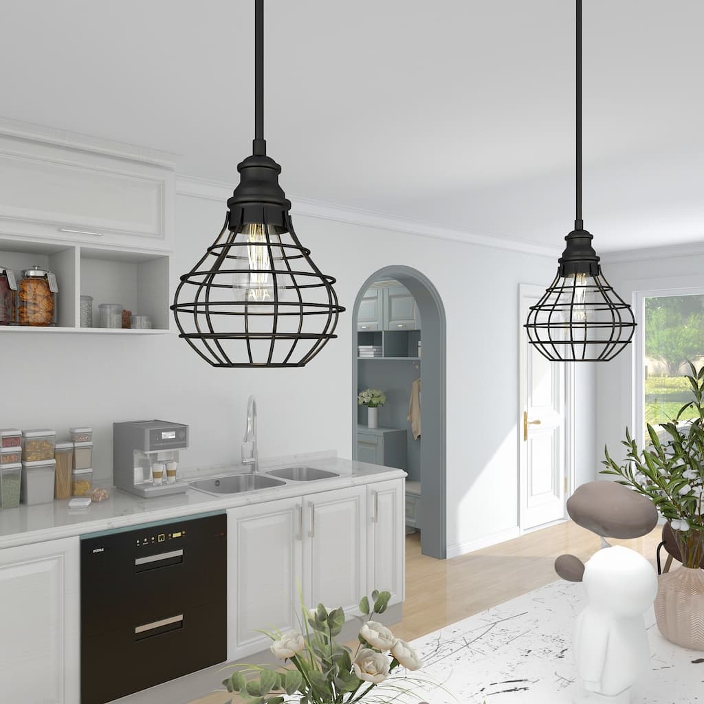 1-Light Matte Black Finish Cage Mini Pendant