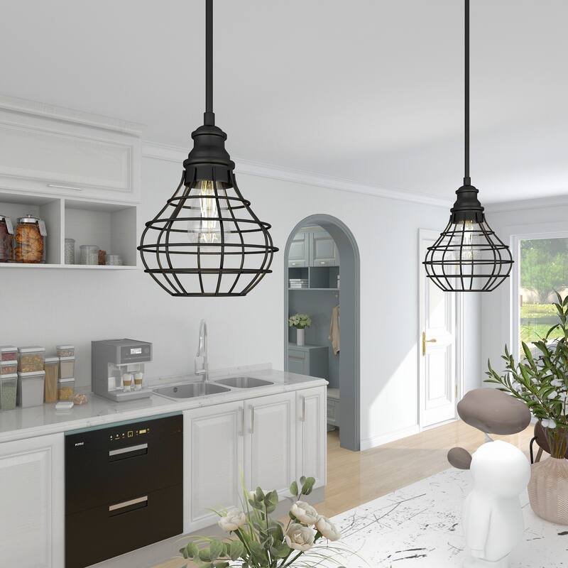1-light pendant with black finish and steel cage shade - Black
