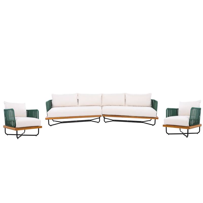 Christopher Knight Home - Evelyn Patio Outdoor Acacia Wood Rope Sofa Set - Sofa Set + 2 chairs (No Table) - Teak finsh+Beige cushion+Green rope