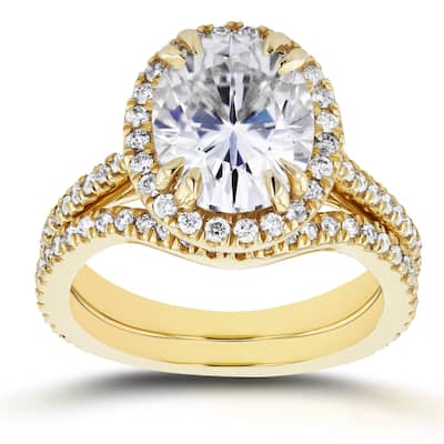 Kobelli 3.6 Carats Moissanite & Natural Diamonds Solid 14k Yellow Gold Oval Halo 2pc Bridal Set