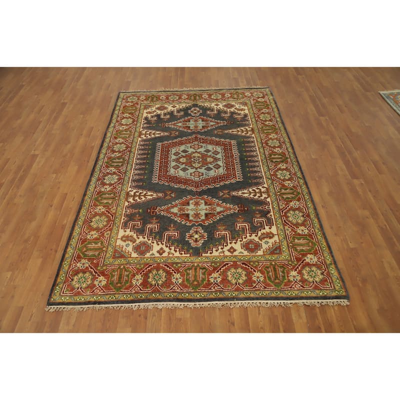 Hand Knotted Oriental 100% Wool Carpet Traditional Geometric Greys & Charcoal Viss Area Rug - 8' 11'' X 5' 11''