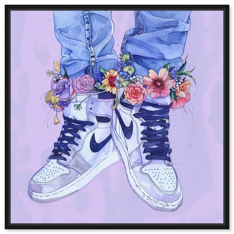 Lilac Floral Bloom Sneakers Canvas by Art Remedy - Black - 12" x 12"