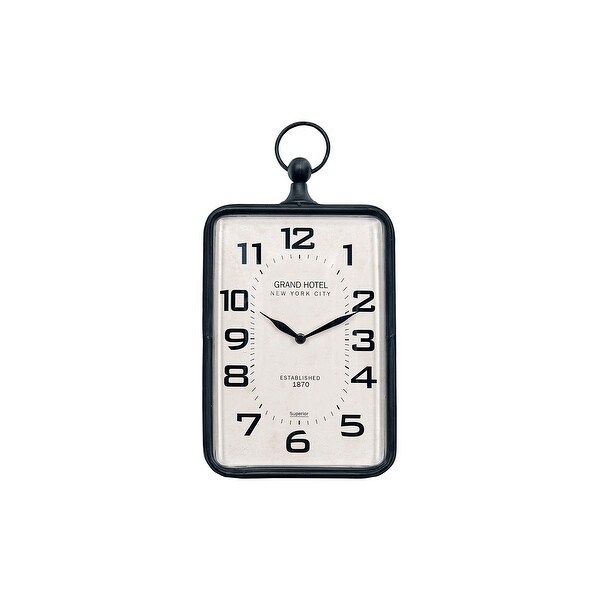 Metal Rectangle Hanging Clock with Handle Decoration on Top. Opens flyout.