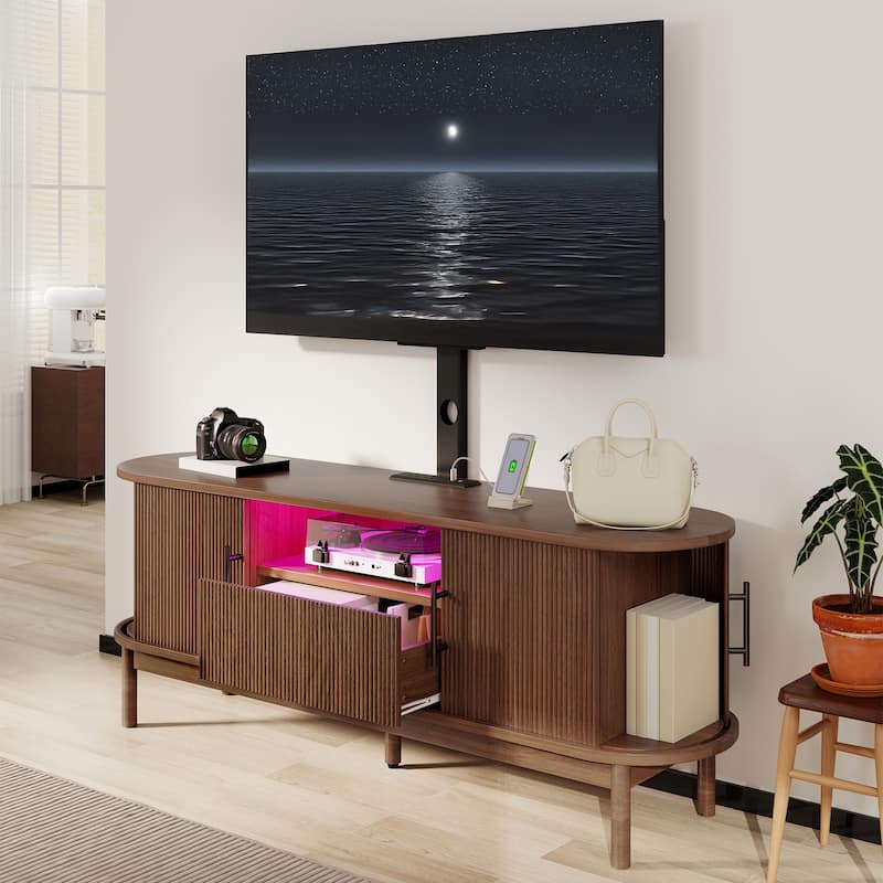 Moasis Mid-Century Modern Fluted TV Stand with Drawer and Adjustable Mount for Living Room - Walnut - 60"W