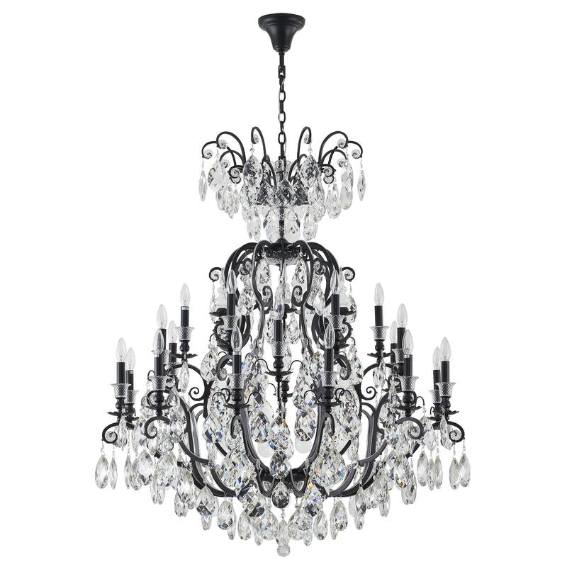 24-Light Matte Black Chandelier With Clear Hanging Crystals