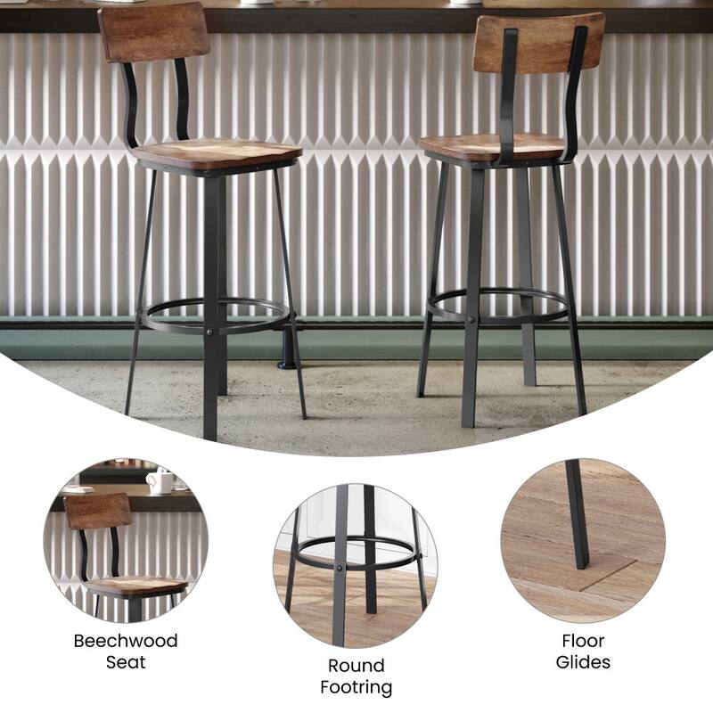 Rustic Walnut Restaurant Barstool with Wood Seat & Back & Gray Powder Coat Frame - 16.25"W x 22.75"D x 45"H