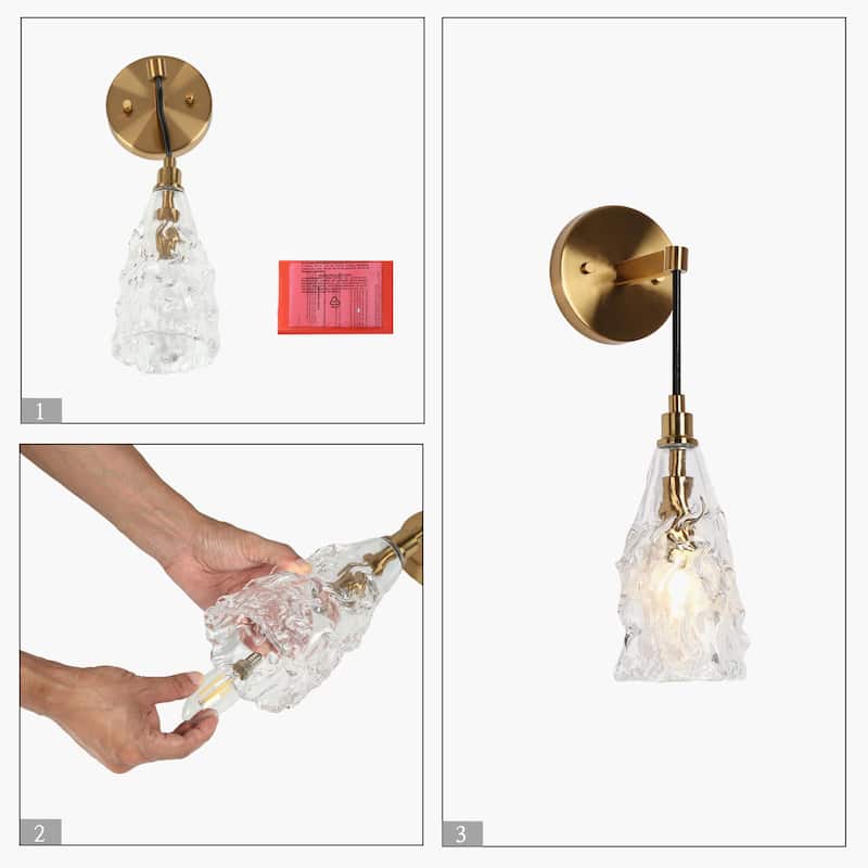 Uolla Modern Glam Art Deco 1-Light Brass Bathroom Wall Sconce with Hammerd Glass - D 4.5" x H 7.5"